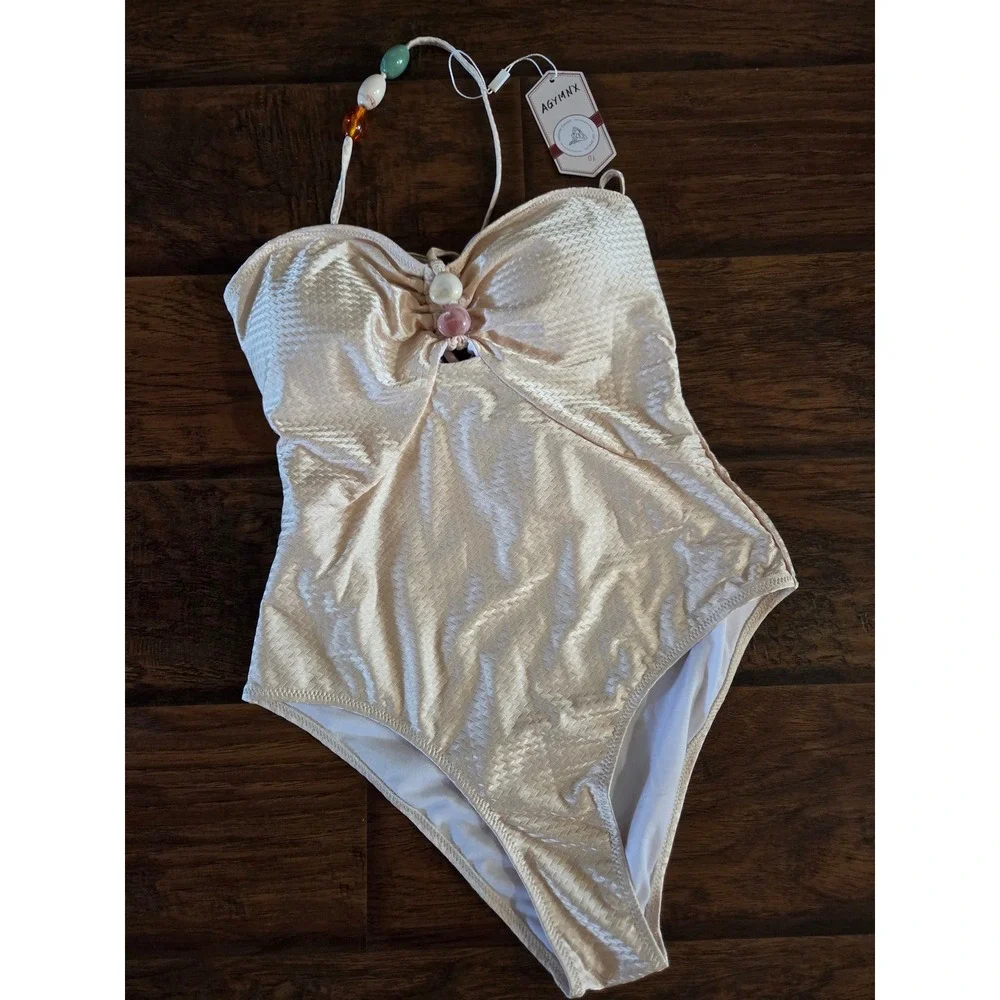Resin beads halter neck texture swimsuit in champagne size L‎